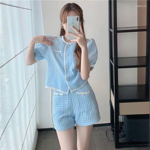 Kvinnors spårdräkter 2023 Summer Women's Short Set Korean Style Fashion Sleeve Top Shorts 2 Piece Set Outfit Suit for Women Blue Shirt