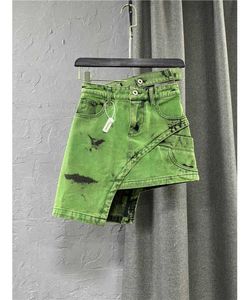 2023 new Skirts Summer Style Green Denim Women Fashion Double Personalized Waist Asymmetric Mini Skirt free