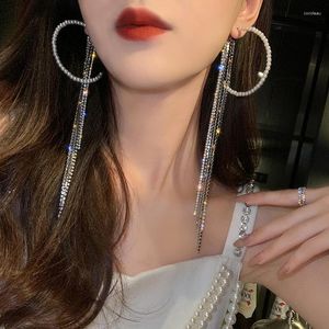 Kolczyki Dangle Luxury Pearl Circle Hoop Bijoux Long Tassel Rhinestone Wedding Bride Akcesoria dla kobiet