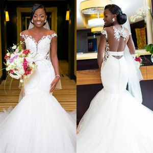 Latest African Mermaid Wedding Dresses Cap Sleeve Lace Applique Beaded Tulle Beach Wedding Dress Plus Size robe de mariee Cheap Br243l