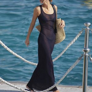 Abiti casual Sexy See Through Mesh Holiday Dress Abbigliamento donna 2023 Summer Solid Gown Elegante Chic Fashion Black Bodycon Robe