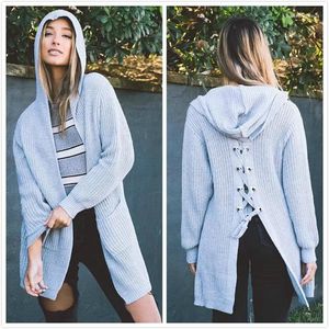 Damenstrick BKLD 2023 Winter Frauen Lange Strickjacken Ärmel Offener Stich Strickpullover Kapuzentaschen Zurück Schnürjacke Mantel