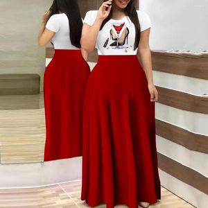 Sıradan Elbiseler Kadın Yüksek Topuklu Baskı Dikiş Uzun Parti Elbise 2023 Vestidos Zarif Seksi O Boyun Kısa Kollu Salıncak Maxi Femme