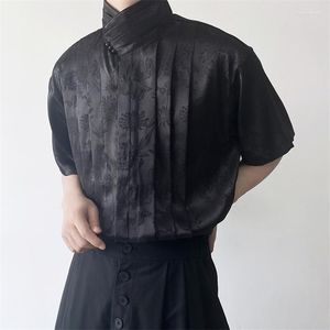 Camisetas masculinas estilo chinês melhorado camisa de gola alta masculina 2023 verão cetim jacquard design top de manga curta