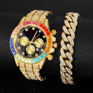 Orologi Orologio con strass Donna Uomo Luxury Full Micro Pave Iced Out Pietre colorate Cubic Zirconia Acciaio inossidabile 3 occhi 230613