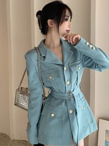 Women's Jackets New Fashion 2023 Designer Blue Blazers Women Single Breasted Metal Buttons Blazer with Belt Clothing Woman Jacket Frenulum