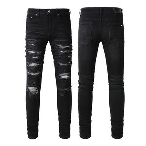 Mens Jeans For Guys Rip Slim Fit Skinny Man Pants red Star Patches Wearing Biker Denim Stretch Cult Stretch Motorcycle Trendy Long Straight Hip Hop With Hole BlueCL9G