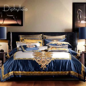 Наборы постельных принадлежностей Diphylleia Королевское пуховое одеяло, наборы королевы размер 4 шт. Голубой золотой шелковый хлопок, вышитый листовый листовый лист роскошный 230625