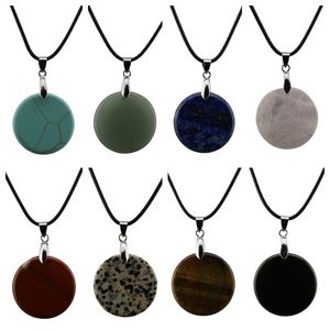 Natural Gemstone Donut Pendant Necklace Black Cord Flat Circle Round Beads Crystal Healing Chakra Jewelry