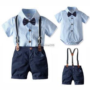 Baby Boys Gentleman Suit Summer 0-24 miesiące Ubrania niemowlęcia Kokardka nowonarodzona koszulka w paski+szorty z zawieszeniem urodziny formalne noszenie L230625
