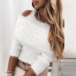 여자 스웨터 우아한 여성 섹시한 오프 어깨 중공 셔츠 2023 흰색 따뜻한 니트 탑 스웨터 가을 겨울 레이디 세련된 풀오버