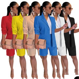 Kvinnors träningsdräkter Kvinnor Solid Color Business Suit For Jacket Shorts Twopiece Spring and Summer Casual Women Cloths Set Drop Del Dhli9