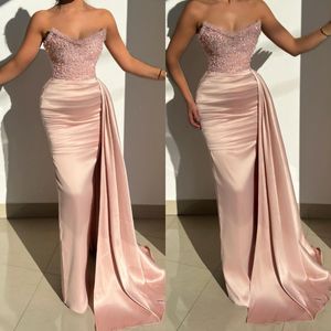 Elegant Pink Evening Gown Sequins Pearls Sweetheart Party Prom Dresses Pleats Formal Long Dress for red carpet special occasion