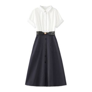 2023 Summer White Contrast Color Waist Belted Dress Short Sleeve Lapel Neck Buttons Midi Casual Dresses W3L049405