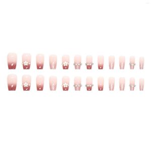 False Nails Pink Press On Shiny Pearl Chain Drill Nail Patch Flower Design Wearable 24 Toe Tips för akryl full täckning