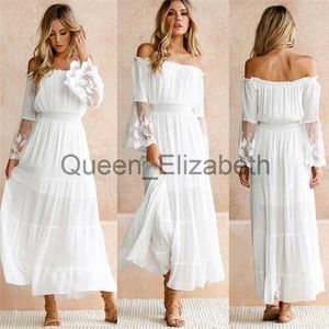 Casual klänningar Kvinnlig axelbandslös långärmad sundress Kvinnor White Beach Dress Summer Loose Sexy Off Shoulder Lace Boho Maxi Dress Feme J230625