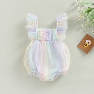 Rompers Lovey Summer born Baby Girls Rompers Princess Rainbow Color Ruffles Sleeves Mesh Jumpsuits Playsuits Holiday Beach Clothes 230625