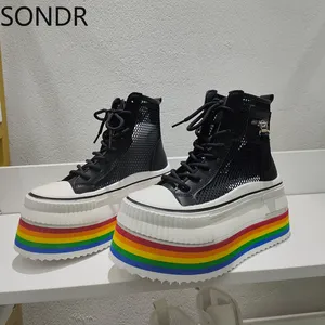 Damskie okrągłe palce siatka oddychająca Rainbow Colors Platforma wysoka obcasowe trampki Sport Sport Casual Lace Up Buty Dziewczyny Summer New 2023