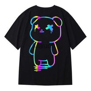 メンズTシャツ特大Tシャツ漫画ベアプリントリフレクティブレインボーTシャツハラジュクストリートウェアトップティーコットンカジュアルハーフスリーブクロインJ230625