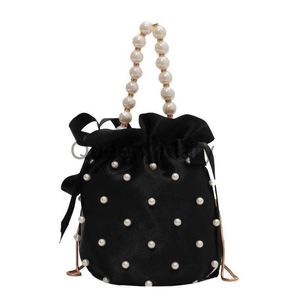 Torby wieczorowe marki torby na ramiona dla kobiet Wysokiej jakości luksusowe torebki damskie czarny koralik Pearl imitacja jedwabne żeńskie kubełko crossbody Bag J230625