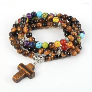 Strand 108st Mala pärlor natursten Lucky Cross Charm -armband Män kvinnor Reiki Healing Amulet 7 Chakra Armband Buddhist Rosary