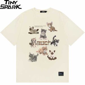 Erkek Tişörtler 2023 Erkekler Sokak Giyim Tişörtü Komik Kedi Köpek Bebek Grafik Tshirt Harajuku Vintage Tshirt Hip Hop Üstleri Tees Pamuk Bej Kahverengi Gri J230625