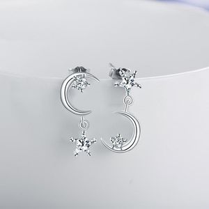 Orecchini a bottone versione coreana stella e luna asimmetriche placcate con gioielli micro-set anallergici in argento 925 per donna