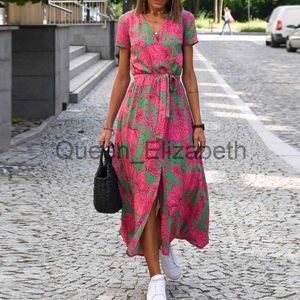 Casual Dresses Summer Floral Print Long Dresses Women Sexig V Neck Split Lace-Up Dress Kvinnlig Elegant kortärmad strandklänning Vestidos J230625