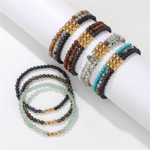 3 pz/set di Colore Dell'oro Intrecciato Braccialetto di Perline 4 MILLIMETRI di Pietra Naturale Braccialetto Intrecciato Set Per Le Donne Degli Uomini Lapislazzuli turchesi Braccialetti