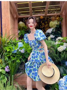 Women's short sleeve square collar flower print waist hollow out sexy a-line short dress SMLXLXXL