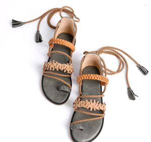 Sandaler 2023 Casual Flats Women Weave Knit Boho Bohemia Ethnic Tassel Fringe Lace Up Shoes Flip Flops Big Size 41 42