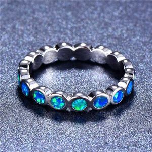 Anéis de banda Bamos Cute Silver Color Rings Trendy White/Blue Fire Opal Finger Rings Engagement Jewelry For Women Best Gifts R230625