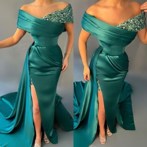 Elegant Peacock Green Evening Gown Sequins Off Shoulder Split Party Prom Dresses Pleats Formal Long Dress for red carpet special occasion