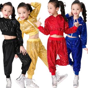 Bühnenkleidung Kinder Pailletten Jazz Dance Modern Cheerleading Hip Hop Kostüm für Kinder Junge Mädchen Crop Top und Hose Performance Outfits Kleidung