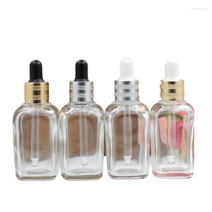 Storage Bottles 50ml Clear Square Glass Dropper Essential Oil Vials Gold Silver Lid Black White Top Travel Cosmetic Container 10pieces