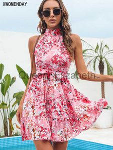 Casual Dresses Summer Chiffon Dress Women Sexig Floral Print Ruffle Bandage Holiday Beach Sundress Casual Pink Halter A-Line korta klänningar 2023 J230625