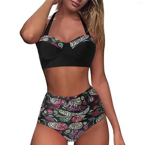 Женские спортивные костюмы Halter Swimwear Два пьесы шорты высокие женщины талия урожай цветочный принт купальники Set Set Birthing Bating костюм