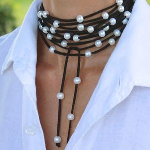 Pendant Necklaces Trendy Vintage Long leather Natural Freshwater Pearl Knotted Necklace Handmade Statement Lariat Jewelry For Man Women 230621