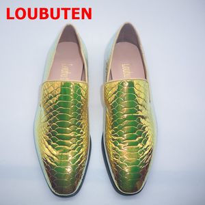 Italien guld snakeskin mönster läder casual mens skor lyxhandgjorda loafers glid på klänningskor formella fest bröllopskor