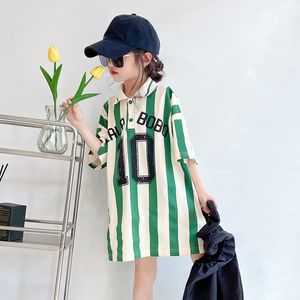 Polos Girls T-shirt Summer Casual Striped Tees Długie topy za 3 4 5 6 7 8 9 10 11 12 13 14 lata Dziewczyny Dziewczyny Numer 10 bluza 230625