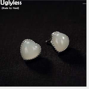 Orecchini a bottone Uglyless Sweet Heart per le donne Luxury Natural White Jade AMORE Fine Jewelry Solid 925 Silver Studs Gift Bijoux
