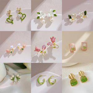 Stud Earrings 2023 French Light Luxury Pink Tulip Green Flower Pearl For Women Korean Zircon Exquisite Piercing Jewelry