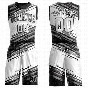 Tute da uomo Personalizzate Nero Bianco-Argento Grigio Girocollo Sublimazione Tuta da basket Maglia stampata in 3D Canotte e pantaloncini Personalizzati