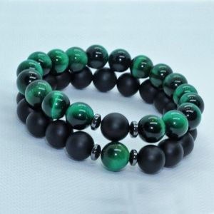 Charm Bracelets Green Tiger Eye e Matte Onyx Set Para Homens Mala Beads Pulseira Elástica 2 Pçs/Conjunto Empilhável