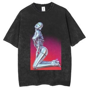 23 Camiseta feminina com estampa de robô, lavável, masculina, moda de rua, camiseta de manga curta, ajuste solto