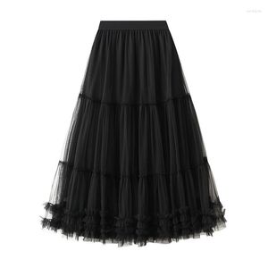スカート黒いスカートの夏の女性ファッションハイウエストフリルチュールチュートゥマキシ様式の服女性
