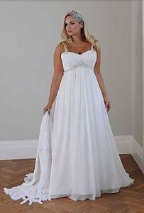 Plus storlek Casual Beach Wedding Dresses 2023 Spaghetti Straps Pärlade Chiffon Floans Längd Empire Midja elegant brudklänning