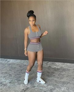 Damen-Trainingsanzüge, Sommer, Spandex, Sport, lässig, sexy, kurze Weste, ärmellos, freiliegender Nabel, Shorts, Anzug, versunkenes Streifen-Röhrenoberteil für Damen