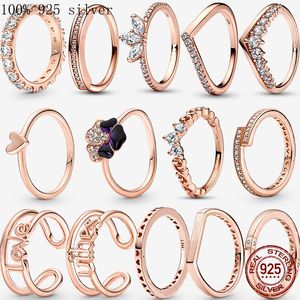 925 Sterling Silver Rings for Women Original Pandora Love Heart Engagement Wedding Rose Gold Crystals Luxury Charm Jewelry