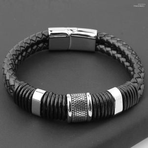 Link Bracelets Granny Chic Classic Men Bracelet Luxury Stainless Steel Magnetic Leather Wrap Bracelet&Bangle For Friend